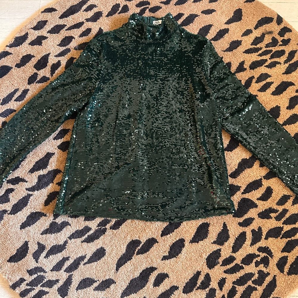 Deep green sequined mock neck top